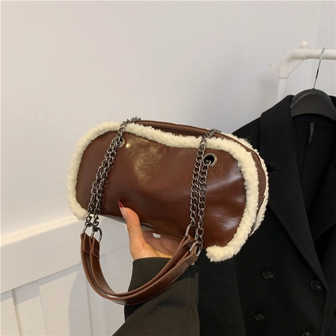 Borsa A Spalla Vintage In Pelle PU Da Donna Con Bordo In Lana D'agnello Sintetica Bianca Borsa A Tracolla