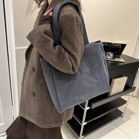 Women Corduroy Tote Bag Large Capacity Shoulder Handbag Zipper Closure Ribbed Solid Color Casual Vintage Shopping