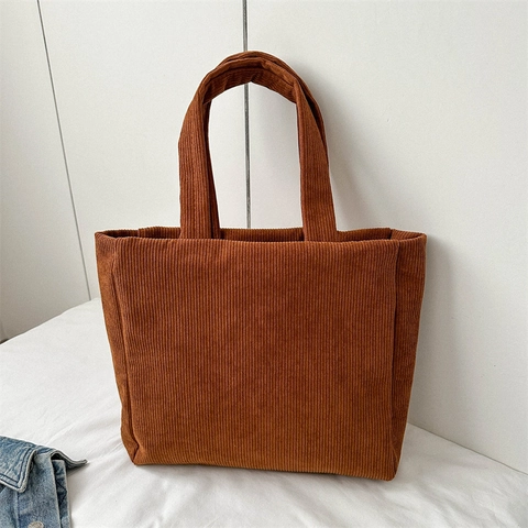 Women Corduroy Tote Bag Large Capacity Shoulder Handbag Zipper Closure Ribbed Solid Color Casual Vintage Shopping