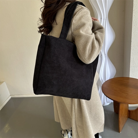 Minimalist Corduroy Tote Bag For Women Large Capacity Solid Color Shoulder Bag Retro Casual Commuting Handbag Black Gray Brown