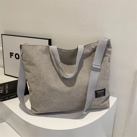 Damen Große Kapazität Cord Tote-Bag Retro Gestreifte Umhängetasche Mit Buchstaben-Aufnäher Griff Casual Shopper Handtasche