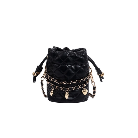 Mini Rhombus Embroidered Bucket Bag For Women PU Leather Crossbody Shoulder Chain Bag With Heart Pendant Small Fashion Pouch