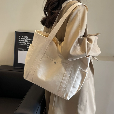 Women Canvas Tote Bag Large Capacity Multi Pockets Zipper Shoulder Bag Commuter Handbag Student Tutoring Shopping Bag