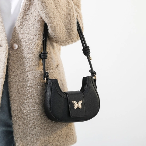 Borsa Sottobraccio Donna Mezzaluna Pelle PU Motivo Litchi Fibbia Farfalla Oro Tracolla con Nodo Borsa a Mano Quotidiana