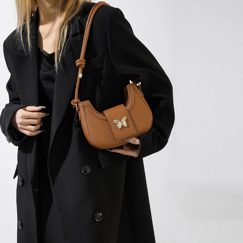 Borsa Sottobraccio Donna Mezzaluna Pelle PU Motivo Litchi Fibbia Farfalla Oro Tracolla con Nodo Borsa a Mano Quotidiana