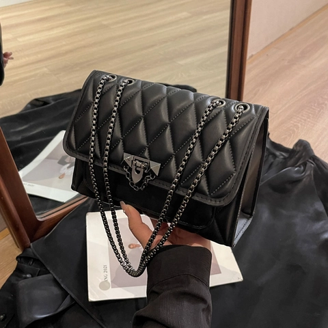 Women Diamond Quilted Chain Shoulder Bag Fashion PU Leather Small Square Crossbody Bag With Metal Lock Rivet Decor