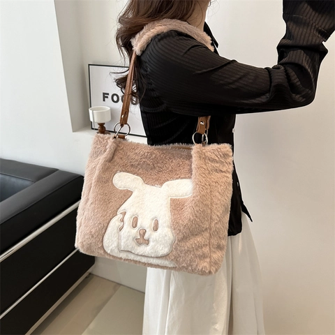 Schattige Pluche Konijn Appliqué Tote Bag Grote Capaciteit Handtas Met PU Leren Banden Faux Fur Winter Schoudertas Vrouwen