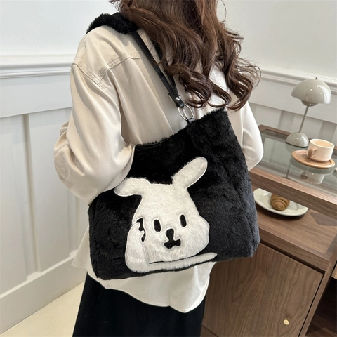 Schattige Pluche Konijn Appliqué Tote Bag Grote Capaciteit Handtas Met PU Leren Banden Faux Fur Winter Schoudertas Vrouwen