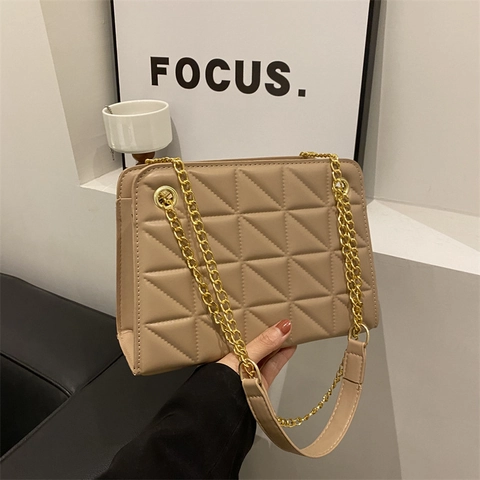 Women Quilted Rhombic Grid Shoulder Bag Fashion PU Leather Crossbody Bag With Gold Chain Strap Solid Color Small Square Bag