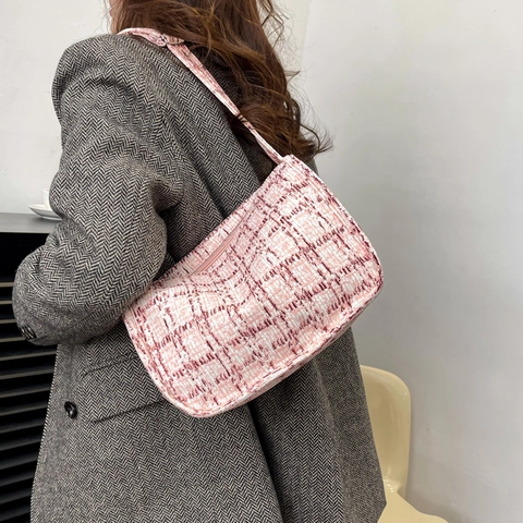 Vrouwen Ruitjes Canvas Onderarmtas Mode Textuur Kussentas Casual Schoudertas Met Ritssluiting Voor Dagelijks Gebruik