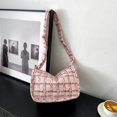 Vrouwen Ruitjes Canvas Onderarmtas Mode Textuur Kussentas Casual Schoudertas Met Ritssluiting Voor Dagelijks Gebruik