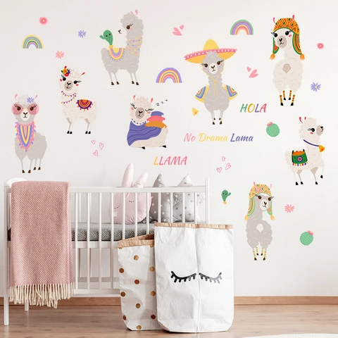 Pegatinas De Pared De Alpaca Llama Dibujos Animados PVC Impermeable Arcoíris Cactus Calcomanías DIY Para Cuarto De Niños