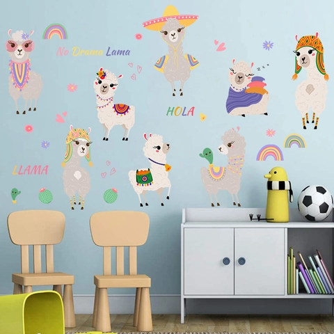 Pegatinas De Pared De Alpaca Llama Dibujos Animados PVC Impermeable Arcoíris Cactus Calcomanías DIY Para Cuarto De Niños