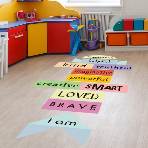 Pegatinas de Suelo Rayuela Coloridas para Habitación Infantil Afirmaciones Positivas Palabras Inglés PVC Impermeable Removible