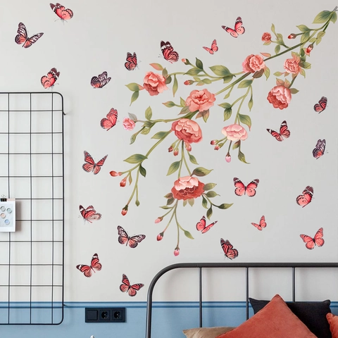 Stickers Muraux Fleurs Roses Et Papillons PVC Imperméable Autocollants Amovibles Pour Décoration De Chambre Et Salon