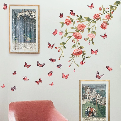 Stickers Muraux Fleurs Roses Et Papillons PVC Imperméable Autocollants Amovibles Pour Décoration De Chambre Et Salon