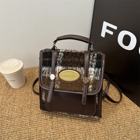 Borsa A Tracolla Donna Stile Preppy Britannico Retrò In Lana A Quadri Pelle PU Piccola Borsa A Mano Mini Zaino
