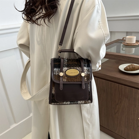 Borsa A Tracolla Donna Stile Preppy Britannico Retrò In Lana A Quadri Pelle PU Piccola Borsa A Mano Mini Zaino