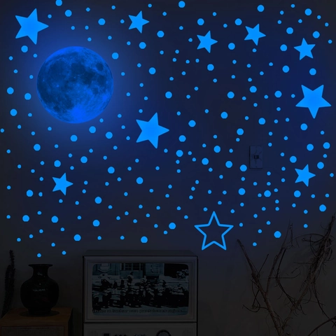 Adesivi Murali Fluorescenti Luna Stelle Punti PVC Blu Luminoso DIY Camera Da Letto Decorazione Bambini