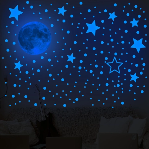Adesivi Murali Fluorescenti Luna Stelle Punti PVC Blu Luminoso DIY Camera Da Letto Decorazione Bambini