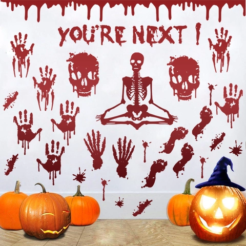 Halloween Wall Stickers Bloody Handprints Footprints Skull Skeleton Removable PVC Window Decals Horror Party Decor