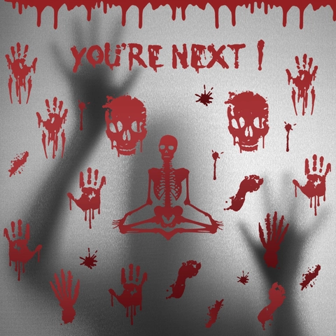 Halloween Wall Stickers Bloody Handprints Footprints Skull Skeleton Removable PVC Window Decals Horror Party Decor