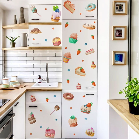 Cartoon Dessert Cake Donut Wall Stickers PVC Self Adhesive Food Theme Removable Decals For Kitchen Dining Room Fridge Decor