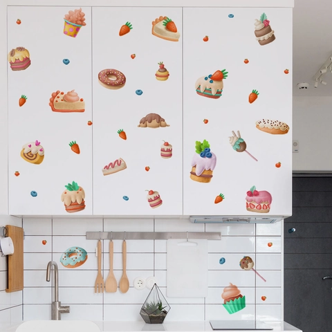 Cartoon Dessert Muurstickers PVC Verwijderbaar Taart Donut Aardbei Stickers Voor Keuken Kinderslaapkamer Thuis Muurdecoratie