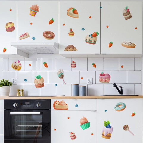 Cartoon Dessert Muurstickers PVC Verwijderbaar Taart Donut Aardbei Stickers Voor Keuken Kinderslaapkamer Thuis Muurdecoratie