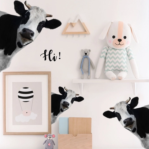 Stickers Muraux Vache Noir Blanc Réalistes Avec Lettre Hi PVC Auto-Adhésifs Amovibles Pour Décoration Chambre Enfant