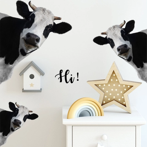 Stickers Muraux Vache Noir Blanc Réalistes Avec Lettre Hi PVC Auto-Adhésifs Amovibles Pour Décoration Chambre Enfant