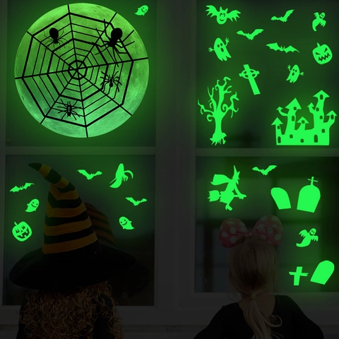 Stickers Muraux Halloween Lumineux Dans Le Noir Lune Toile Araignée Chauve Souris Fantôme Sorcière Décoration Fête