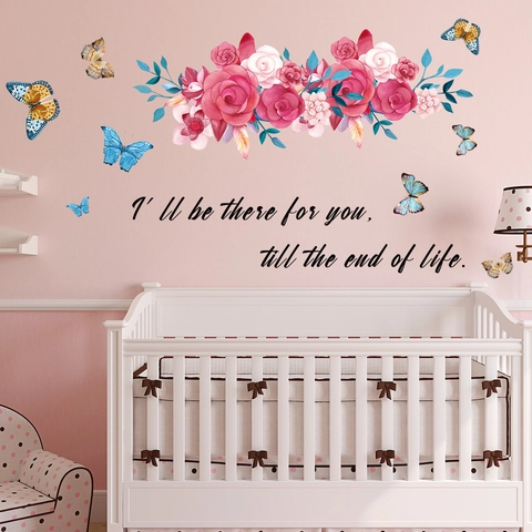 Adesivi Murali Romantici Rosa Rosa Farfalla PVC Removibile Floreale Decalcomania Con Citazione Per Camera Da Letto Bambini Casa