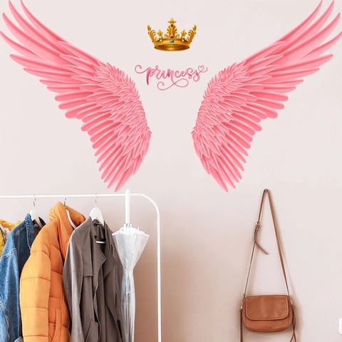 Pink Angel Wings With Golden Crown Princess Wall Decal For Kids Room Bedroom PVC Waterproof DIY Home Decor Wall Sticker