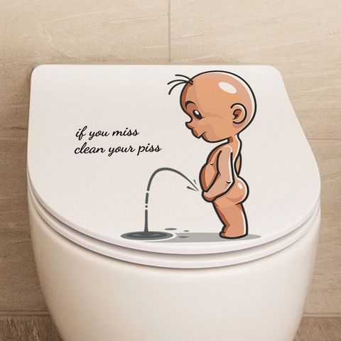 Funny Cartoon Boy Peeing PVC Toilet Decal If You Miss Clean Your Piss Removable Waterproof Bathroom Seat Lid Sticker