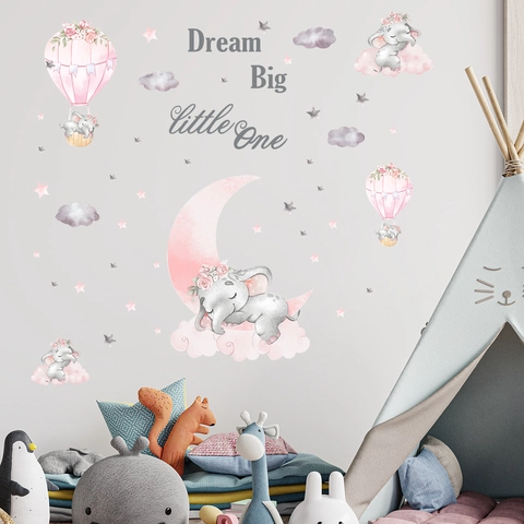 Cartoon Pink Elephant Hot Air Balloon Wall Stickers For Kids Nursery PVC Watercolor Animal Moon Stars Clouds Dream Big Decoration