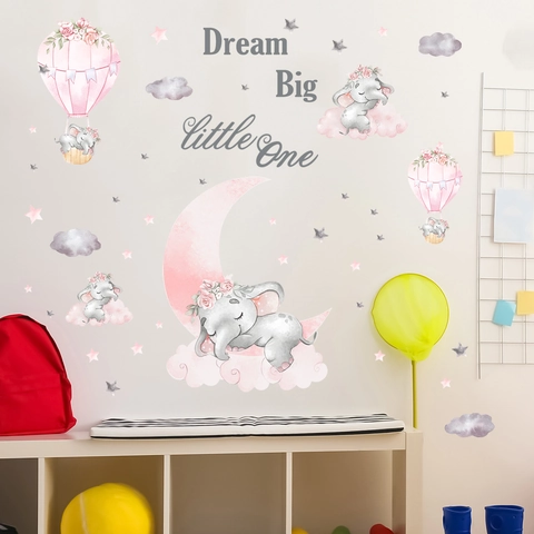 Cartoon Pink Elephant Hot Air Balloon Wall Stickers For Kids Nursery PVC Watercolor Animal Moon Stars Clouds Dream Big Decoration