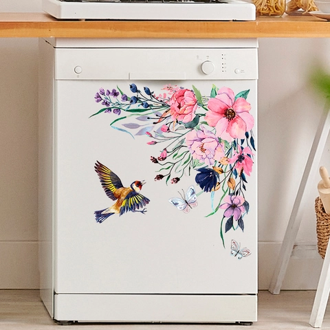 Aquarel Bloem Vogel Vlinder Muurstickers Verwijderbare PVC Decals Voor Toilet Koelkast Badkamer Keuken Decoratie