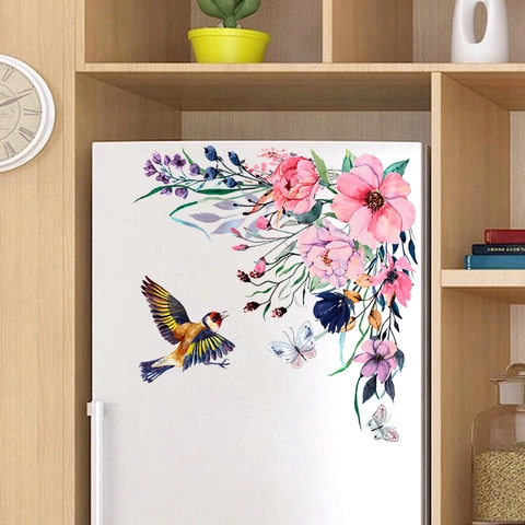 Aquarel Bloem Vogel Vlinder Muurstickers Verwijderbare PVC Decals Voor Toilet Koelkast Badkamer Keuken Decoratie