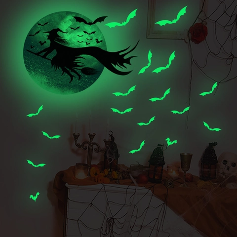 Halloween Luminous Wall Stickers Glow In The Dark PVC Window Decals Witch Bat Skeleton Ghost Party Decor Haunted House