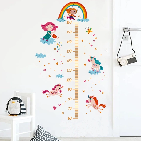 Cartoon Unicorn Rainbow Growth Chart Wall Sticker PVC Removable Height Measurement Decal For Kids Room Nursery Decor
