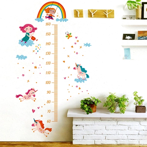 Cartoon Unicorn Rainbow Growth Chart Wall Sticker PVC Removable Height Measurement Decal For Kids Room Nursery Decor