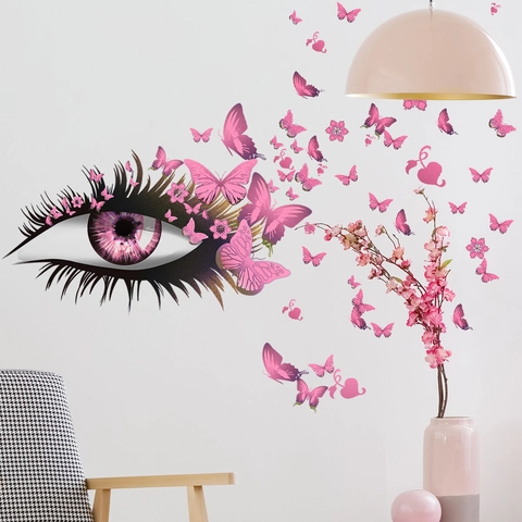 Butterfly Eye Wall Sticker PVC Removable Creative Art Decal For Living Room Bedroom Pink Purple Blue Eyelashes Wall Decor