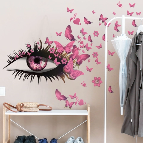 Butterfly Eye Wall Sticker PVC Removable Creative Art Decal For Living Room Bedroom Pink Purple Blue Eyelashes Wall Decor