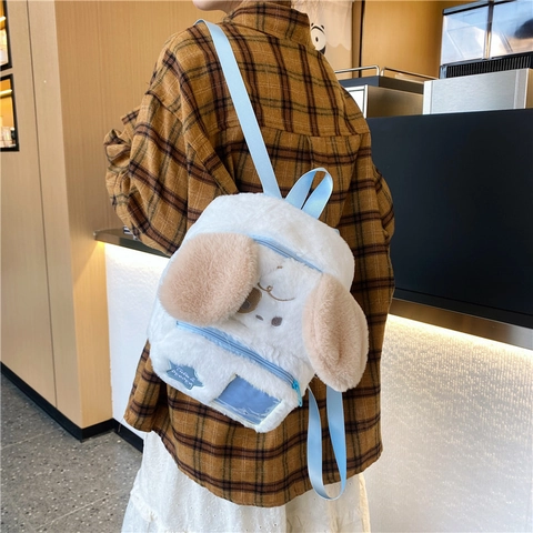 Zaino da Donna Ragazza in Peluche a Forma di Cane Stile Giapponese Cartone Animato Mini Borsa Con Patch Stella Tasca Blu