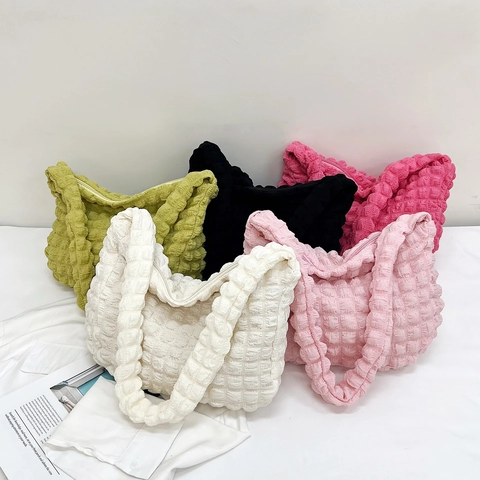 Women Fashion Casual Large Capacity Puff Shoulder Bag Soft Popcorn Fabric Crossbody Tote Bag Daily Commute Handbag