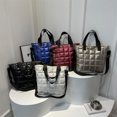 Bolso Tote Acolchado Nylon Brillante Metalizado Rejilla Acolchada Gran Capacidad Hombro Bandolera Para Mujer