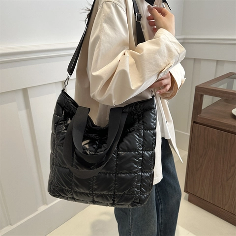 Bolso Tote Acolchado Nylon Brillante Metalizado Rejilla Acolchada Gran Capacidad Hombro Bandolera Para Mujer