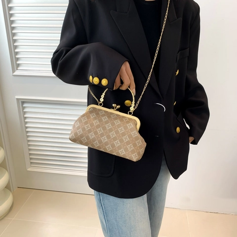 Bolso de Hombro Vintage de Cuero PU con Cierre de Beso para Mujer Patrón de Monograma Floral Bolso de Mano con Cadena
