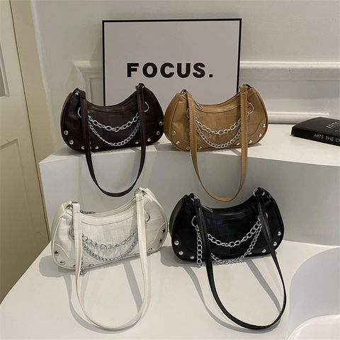 Borsa Sottobraccio Donna Vintage con Motivo Coccodrillo in Pelle PU Borsa a Spalla Catena in Metallo Argento Rivetti Stile Punk Streetwear Piccola Borsa Hobo